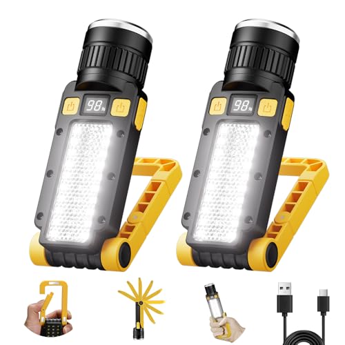 Rechargeable LED Work Light, Magnetic COB Flashlight with Hook & Clamp, 7 Modes Portable Work Lamp with Battery Display for Car Repair, Camping, Emergency(2 Packs) - size: 2 Pack Yellow