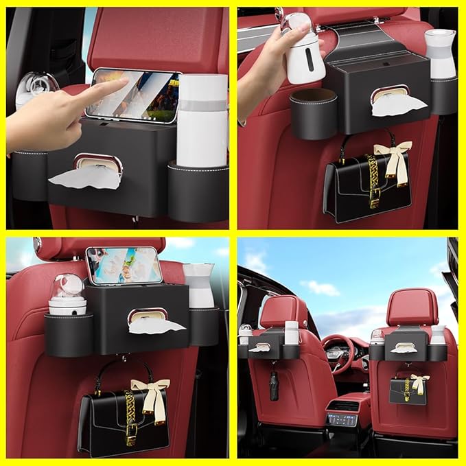 Seat Back Organizer, Full Leather Cover Tissue Case Headrest Storage Box with 2 Cup Holders and Hook Multi-functional Durable Back Seat Storage Tool for Family Travel and Kids Care Beige