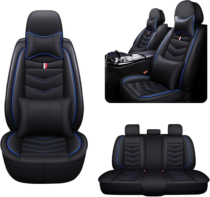 MVRVMV Seat Covers for Ford F-350 2010-2026, Waterproof Leather Auto Seat Cover with 2* Neck Pillow and 2* Lumbar Support (5 Seat Luxury,Black-Blue)