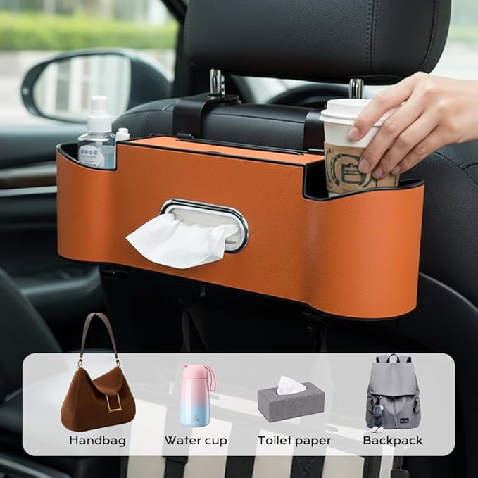Back Seat Car Organizer with Cup Holder, 2026 New Backseat Car Organizer Back Seat, Multifunctional Car Seat Back Organizer Storage Box with Hooks & Tissue Box, for Drinks, Phone & Handbags (White)