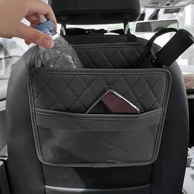 Mandark Car Seat Back Organizer, PU Leather Vehicle Backseat Hanging Storage Pocket, Multipurpose Auto Travel Essentials Accessories for Kids & Adults, Universal for Most Cars (Black)
