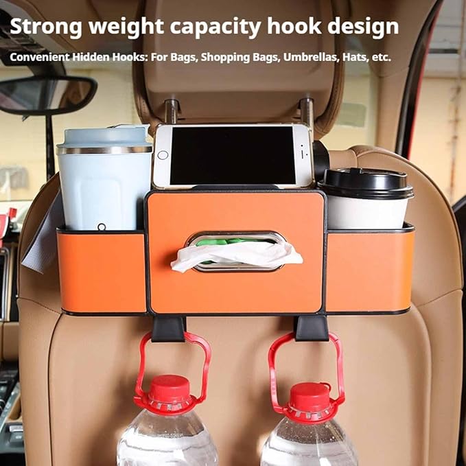 Car Organizers and Storage Box Multifunctional, Car Seat Back Organizer, 4 In 1 Universal Car Storage Box With Hanging Tissue Holder, Cup Holders & Hooks for Purses to Travel Accessories (White)
