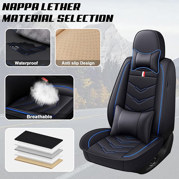MVRVMV Seat Covers for Ford F-150 2010-2026, Waterproof Leather Auto Seat Cover with 2* Neck Pillow and 2* Lumbar Support (2 Seat Luxury,Black-Blue)
