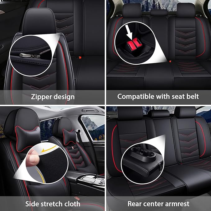 MVRVMV Car Seat Covers for Ford Explorer 2012-2026, Waterproof & Wear-Resistant Front and Rear Seat Protectors with 2* Neck Pillow and 2* Lumbar Support (7 Seat Luxury, Black-Red