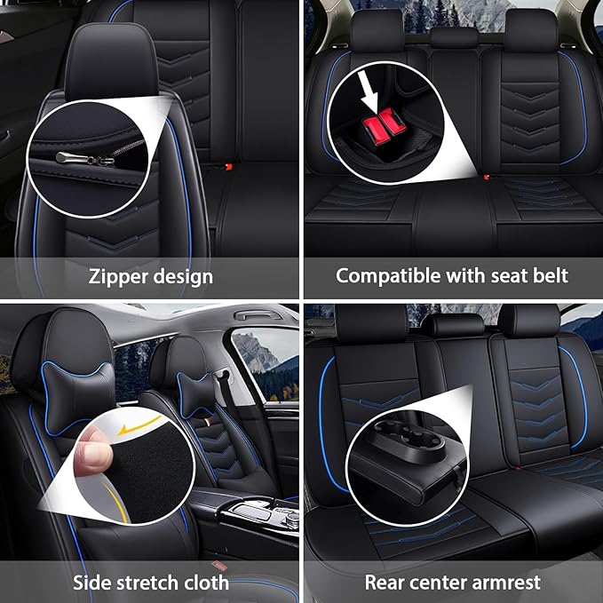MVRVMV Seat Covers for Ford Escape 2005-2026, Waterproof Leather Auto Seat Cover with 2* Neck Pillow and 2* Lumbar Support (5 Seat Luxury,Black-Blue)