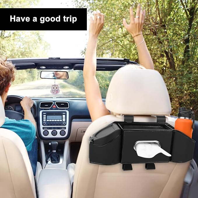 7-In-1 Car Seat Back Organizer with Cup Holders, Tissue Box, Garbage Can&Hooks, Multifunctional Headrest Storage Organizer, Headrest Cup Holder for Backseat, Car Accessories for Trips, Travels(Black)