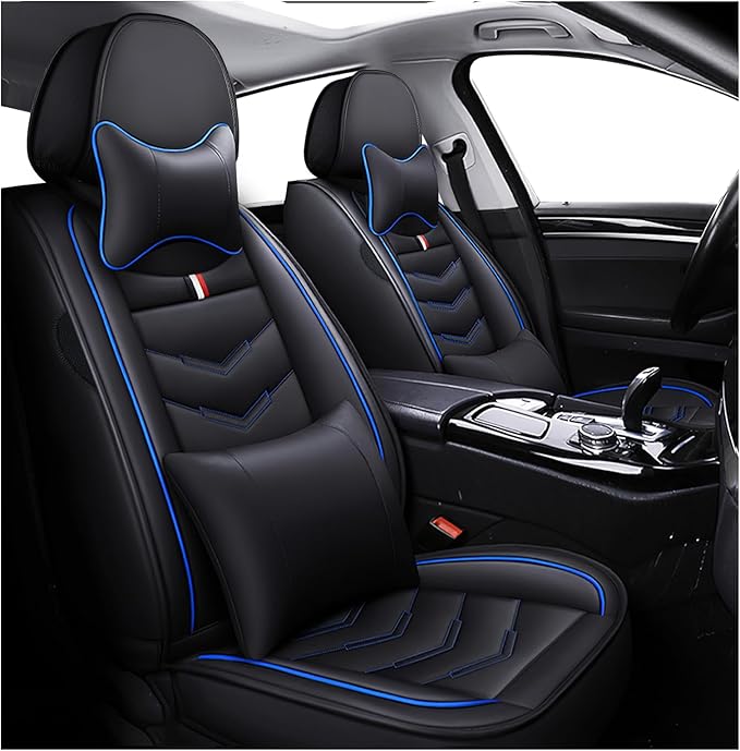 MVRVMV Seat Covers for Ford Bronco Sport 2021-2026, Waterproof Leather Auto Seat Cover with 2* Neck Pillow and 2* Lumbar Support (2 Seat Luxury,Black-Blue)