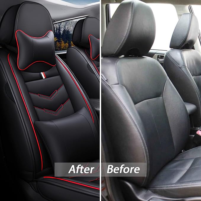 MVRVMV for Ford Escape 2005-2026 Seat Covers, Waterproof Leather Seat Cover with 2* Neck Pillow and 2* Lumbar Support (2 Seat Luxury,Black-Red)
