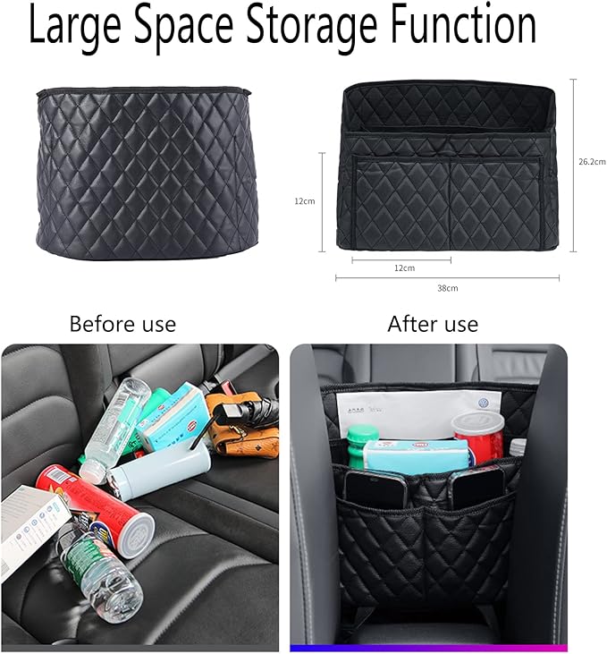 Modern Minimalist Car Seat Storage Bag - Black Faux Leather Caddy - Automotive Seat Back Organizer - 2 Compartments - Rectangular - Durable - Seat-back mounted - 15.35 x 3.94 x 10.63 inches