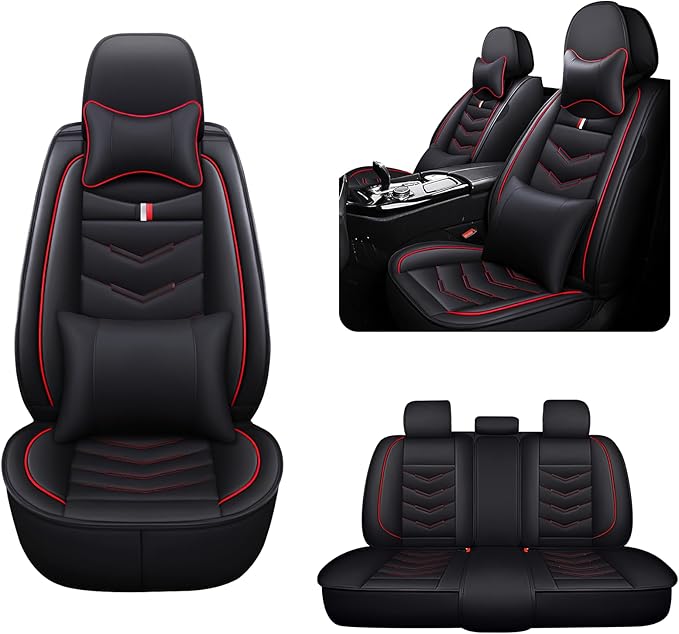 MVRVMV for Ford Ranger 2005-2026 Seat Covers, Waterproof Leather Seat Cover with 2* Neck Pillow and 2* Lumbar Support (5 Seat Luxury,Black-Red)