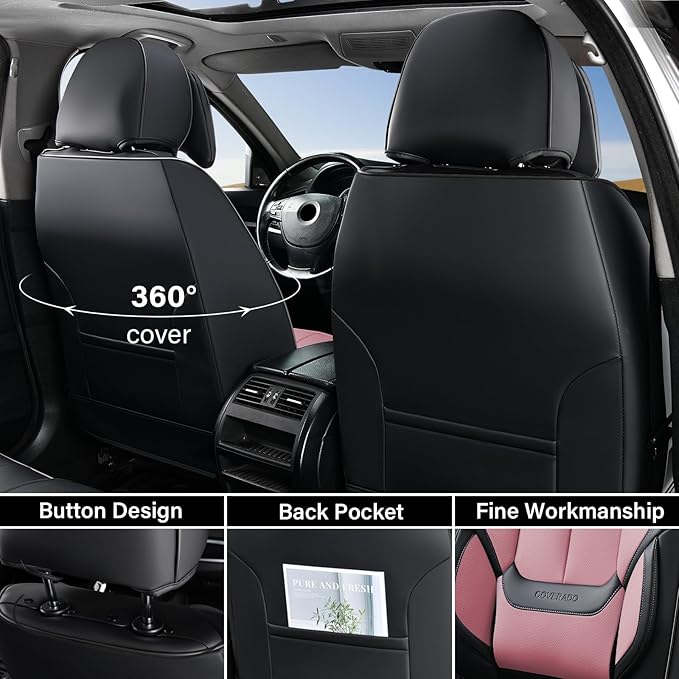 Coverado Universal Seat Covers Full Set, 5 Seats Universal Seat Covers for Cars, Waterproof Nappa Leather Car Seat Covers with Head Pillow, Auto Protectors Fit for Most Pick-up Truck, Black&Pink