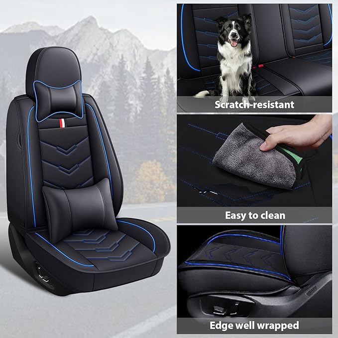 MVRVMV Luxury Car Seat Covers for Honda Pilot 2010-2026, Nappa Leather Auto Seat Cover with 2 Neck Pillows and 2 Lumbar Supports (2 Seat Luxury, Black-Blue)
