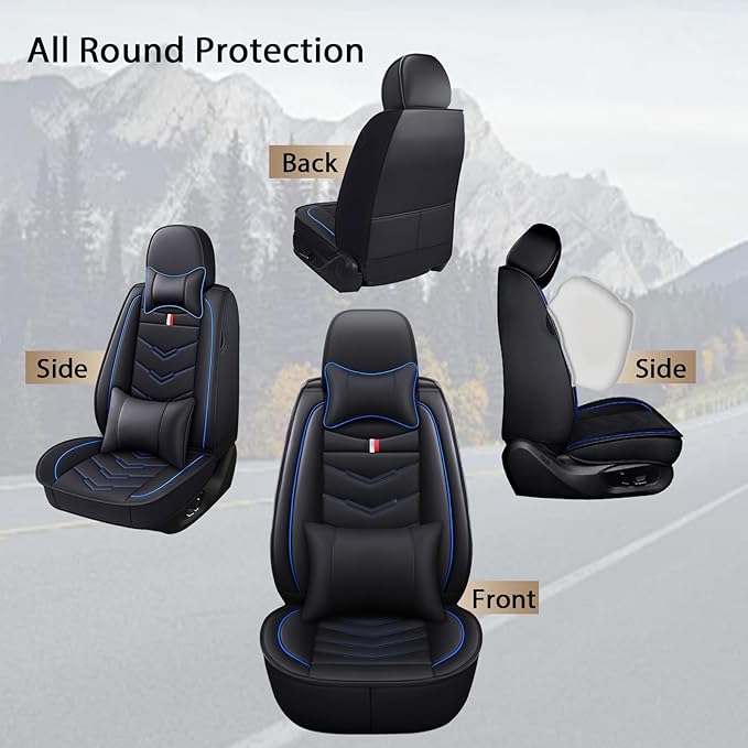 MVRVMV Seat Covers for Ford Bronco Sport 2021-2026, Waterproof Leather Auto Seat Cover with 2* Neck Pillow and 2* Lumbar Support (2 Seat Luxury,Black-Blue)