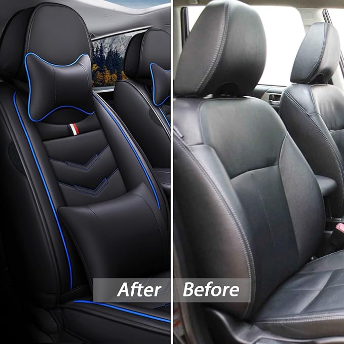 MVRVMV Seat Covers for Ford Bronco 2021-2026, Waterproof Leather Auto Seat Cover with 2* Neck Pillow and 2* Lumbar Support (2 Seat Luxury,Black-Blue)