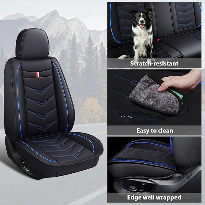 MVRVMV Seat Covers for Ford F-250 2010-2026, Waterproof Leather Auto Seat Cover (5 Seat Standard,Black-Blue)