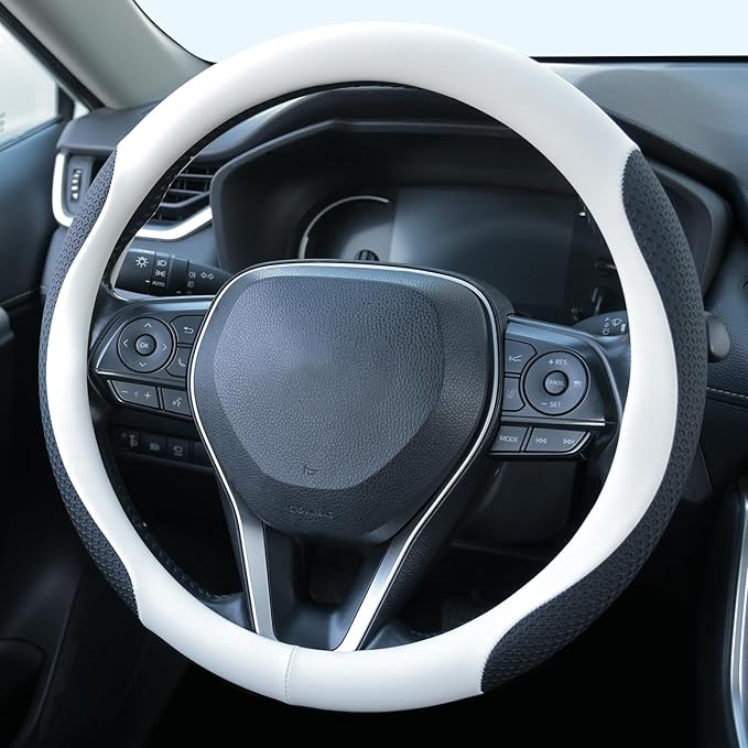 Nappa Leather Steering Wheel Cover, Universal 14.5–15 Inch Non-Slip Breathable Steering Wheel Cover for Cars, White