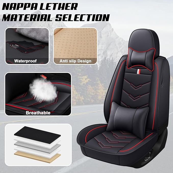 MVRVMV for Ford Maverick 2022-2026 Seat Covers, Waterproof Leather Seat Cover with 2* Neck Pillow and 2* Lumbar Support (5 Seat Luxury,Black-Red)