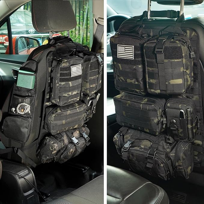 Tactical Car Seat Back Organizer,Tactical Molle Seat Back Organizer with 6 Detachable Molle Pouch,Universal Fits for Car Truck Jeep Vehicle