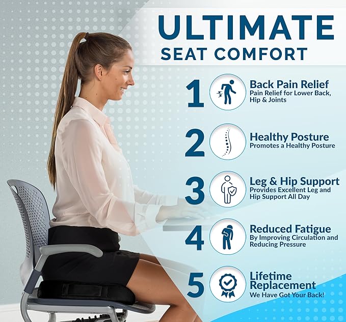 ComfiLife Premium Comfort Seat Cushion - Non-Slip Orthopedic 100% Memory Foam Coccyx Cushion for Tailbone Pain - Cushion for Office Chair Car Seat - Back Pain & Sciatica Relief (Black)