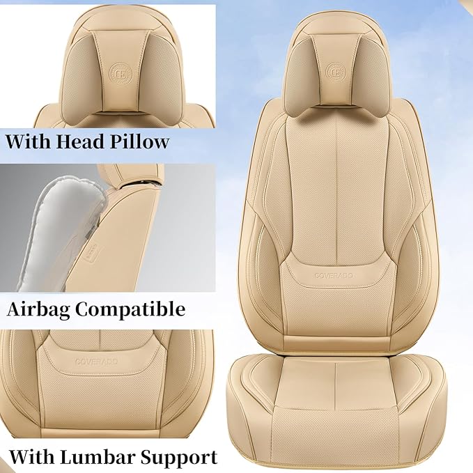 Coverado Universal Seat Covers Full Set, 5 Seats Universal Seat Covers for Cars, Waterproof NAPPA Leather Car Seat Covers with Head Pillow, Auto Protectors Fit for Most Sedans SUV Pick-up Truck, Beige